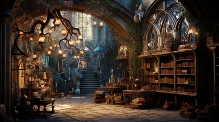 Obraz premium A magical and mystical library with a grand staircase, bookshelves, and antique furniture.