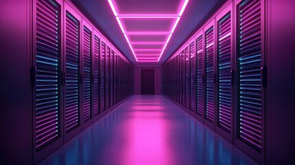 Fototapeta premium modern data center corridor illuminated with vibrant pink and blue lights, showcasing rows of server racks. atmosphere is futuristic and high tech, emphasizing advanced technology and cloud storage