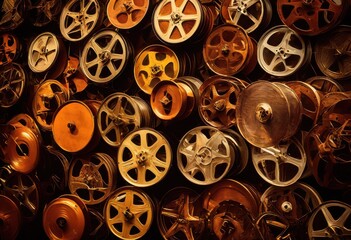 Fototapeta premium vintage film reels displayed richly textured backgrounds featuring warm hues subtle patterns perfect film enthusiasts, collection, cinematography, retro