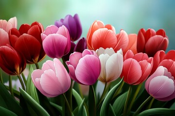 Watercolor painting of a field of Tulips in soft pastel shades, with loose brushstrokes capturing the movement and color of the flowers swaying in a gentle spring breeze