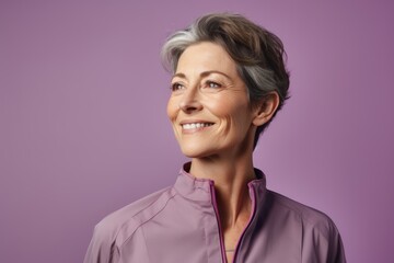 Portrait of a tender woman in her 50s sporting a technical climbing shirt on pastel purple background