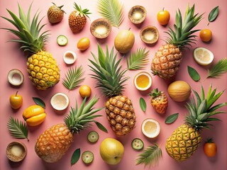 Golden Summer Fruits Pattern on Pastel Pink Background â€“ Trendy Abstract Design for Seasonal Decor and Marketing Use