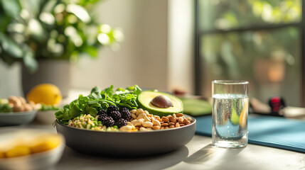 Vibrant table of healthy low-sugar foods with leafy greens avocados nuts berries and glass of water...