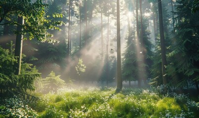 Obraz premium Misty forest with sunbeams filtering through tall trees, 4K hyperrealistic photo