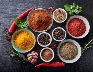 Composition with assortment of spices and herbs.