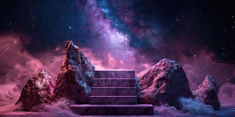 A stone staircase leading up to a colorful galaxy in the night sky, surrounded by rocks and clouds.