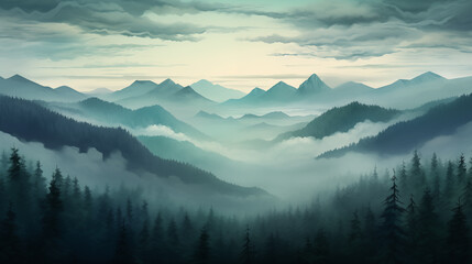 Obraz premium A mountain evergreen forest shrouded in mist gives it a sense of mystery and tranquility.