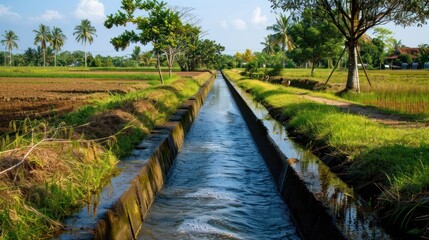 Concrete Irrigation Canal in a Lush Tropical Landscape
