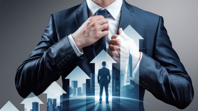 Businessman adjusting tie, digital growth arrows in background.