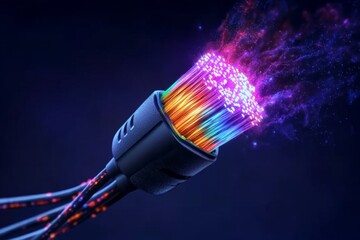 Whimsical watercolor of a fiber optic cable glowing in the night, with vibrant colors flowing through the strands, symbolizing the magic of high-speed internet and streaming