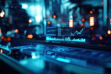 Futuristic digital interface displaying realtime analysis of goods in an automated factory Holographic charts and data overlays, soft blue lighting Wideangle shot, hightech feel