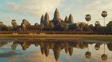 Obraz premium Angkor Wat mirrored in the water at dawn, with the rising sun illuminating the ancient structure, symbolizing serenity and history