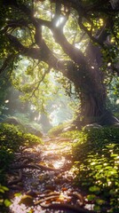 Naklejka premium Elven woodland haven beneath shimmering canopies, 4K hyperrealistic photo