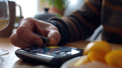 Fototapeta premium Health monitoring scene with glucometer and fresh fruit for diabetes awareness