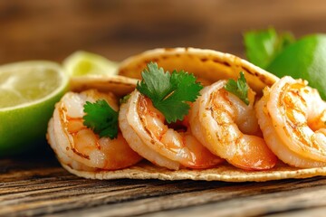 Succulent shrimp tacos with lime and cilantro on a rustic wooden surface.