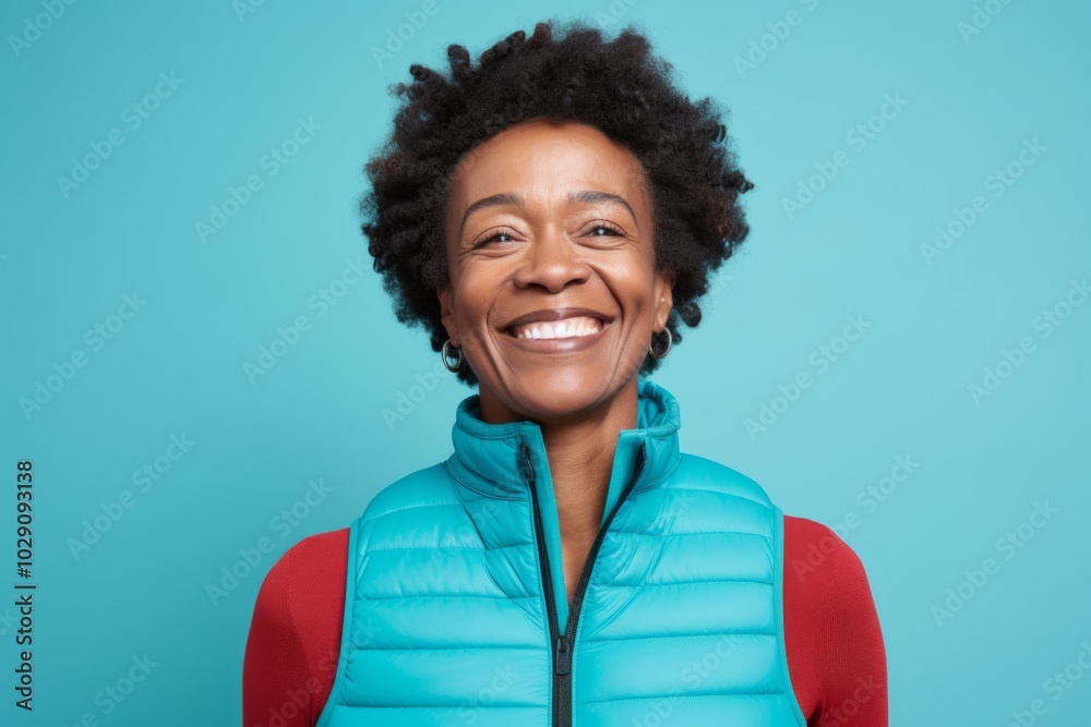 Sticker Portrait of a joyful afro-american woman in her 40s dressed in a thermal insulation vest while standing against pastel teal background