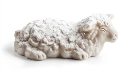 Traditional Easter lamb-shaped cake with powdered sugar dusting, isolated on white background