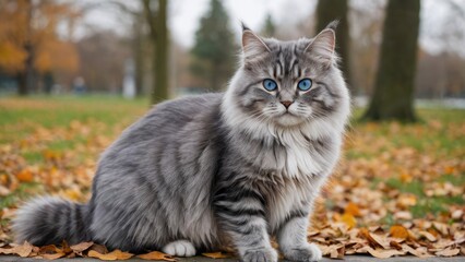 Blue siberian cat in the park
