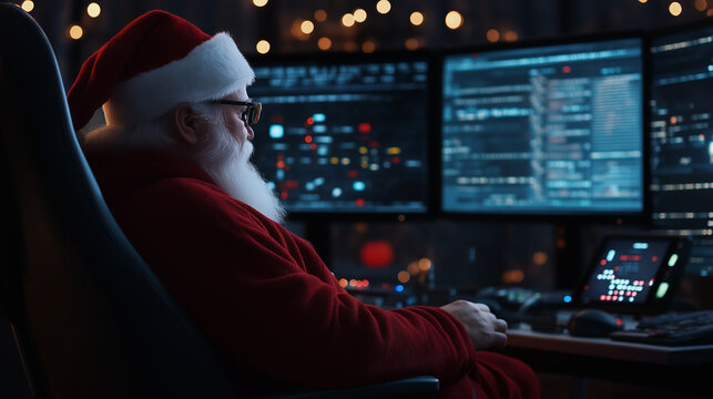 A tech-savvy Santa Claus is seen in his command center, managing high-tech operations with multiple monitors during the holiday season, merging tradition with modern technology.