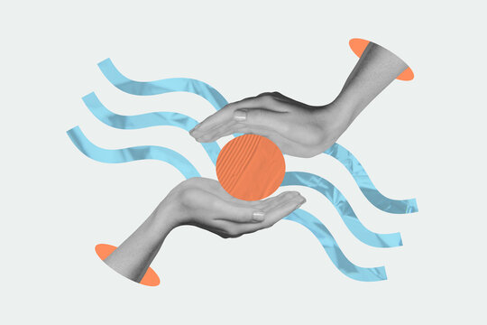 Creative picture collage hands body fragment showing palms bonding circle geometry figure nonverbal language between drawing background