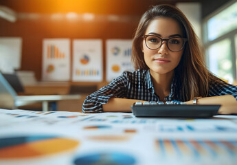Fototapeta premium Young Woman Analyzing Data With Calculator and Charts