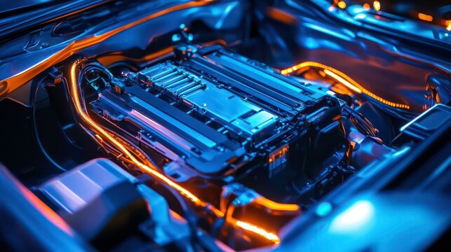 Close-up of a car engine with neon orange lighting.