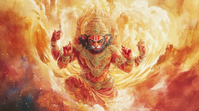 A vibrant watercolor of Lord Narasimha emerging from the pillar, with deep red and gold tones swirling around him, symbolizing divine protection and strength