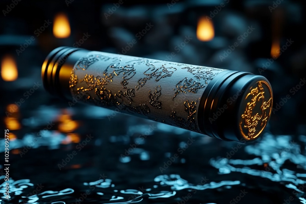 Poster 3d-rendered ancient scroll of eastern poetry, with realistic textures of the parchment and ink, floa