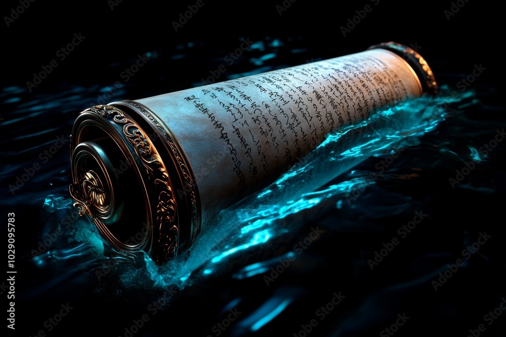 Poster 3D-rendered ancient scroll of Eastern poetry, with realistic textures of the parchment and ink, floating in a virtual space, illuminated by soft, glowing light