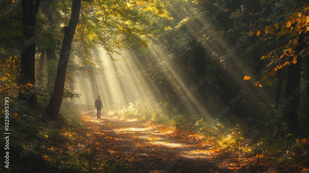 Leinwandbilder golden rays of sunlight stream through the trees, illuminating a tranquil forest path where a solita