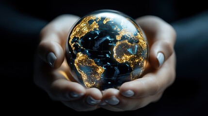 Fototapeta premium Glass model of the globe in human hands. The growth of high technologies. The interaction of man and planet Earth.