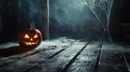 Dark, creepy atmosphere with a pumpkin, cobwebs, and spooky shadows cast over empty wooden planks ready for Halloween messages