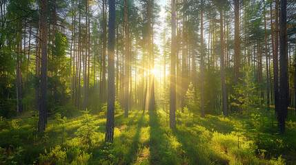 Obraz premium Beautiful forest landscape with sun rays through trees in the pine and spruce woodlands at sunrise or sunset.