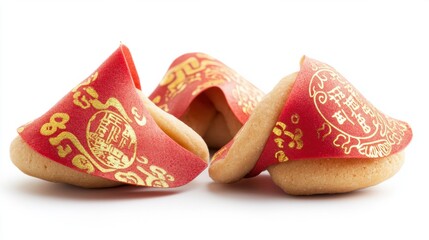 Chinese New Year fortune cookies with red and gold paper messages, isolated on white background