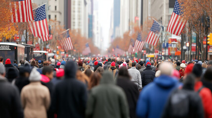 Obraz premium A large crowd of people walking through a city street decorated with American flags, capturing the busy and patriotic atmosphere of a national event or holiday parade.