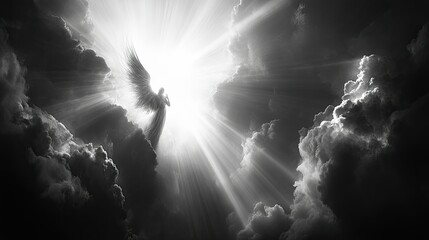 A silhouette of an angel with wings outstretched, ascending into a bright light in the clouds.