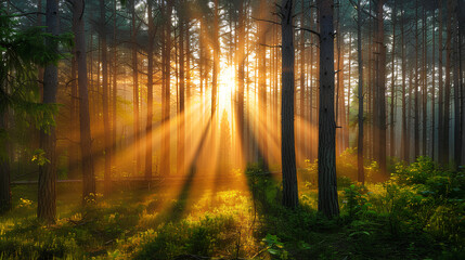 Beautiful forest landscape with sun rays through trees in the pine and spruce woodlands at sunrise or sunset.