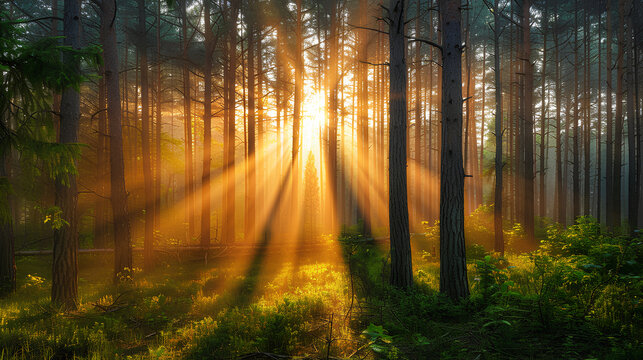 Beautiful forest landscape with sun rays through trees in the pine and spruce woodlands at sunrise or sunset.