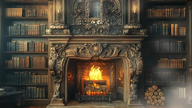 Ornate fireplace with burning fire and bookshelves full of antique books in a library.