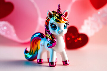 Naklejka premium Unicorn figurine on the background of hearts. Valentine's Day.