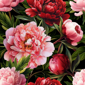 Seamless vector pattern with red and pink peony flowers isolated on a changeable background.