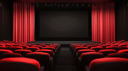 Fototapeta premium A luxurious theater auditorium viewed from behind with seats at a higher elevation in the back and lower closer to the stage. The stage is a blank black screen with red curtain pulled back