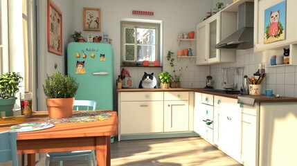 Kitchen Design Ideas:  A  Cute Cat  in  a  Sunny  Kitchen with  Blue  Cabinetry  and  Natural  Light