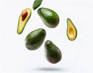 Flat lay composition with ripe avocados and leaves on white background, space for text