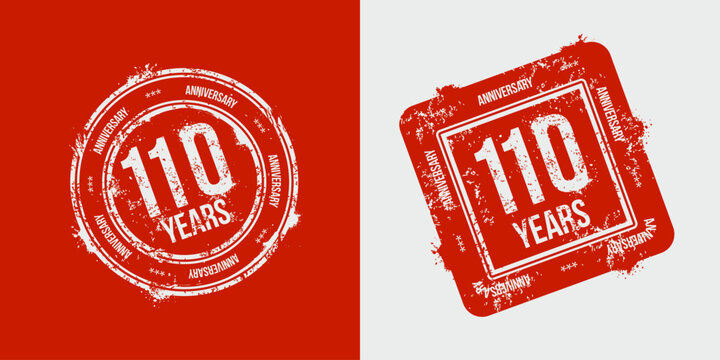 A group of 110th anniversary logos drawn as stamps, framed in red for the celebration. Grunge stamp texture. Holiday stamps. Collection of postage stamps. Vector round and rectangular stamps