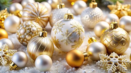 Stylish festive ornaments in white and gold for the holiday season.