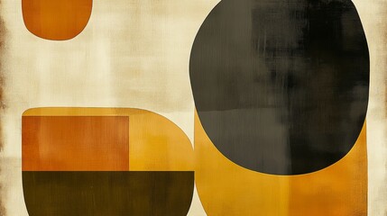 A mid-century modern abstract art piece featuring organic shapes in muted tones of mustard yellow, olive green, and burnt orange. The design is simple yet stylish, with a focus on geometric