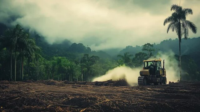 A bulldozer moves through a recently deforested area, stirring up dust, with towering trees and misty, dense rainforest in the background, highlighting the contrast between industry and nature.