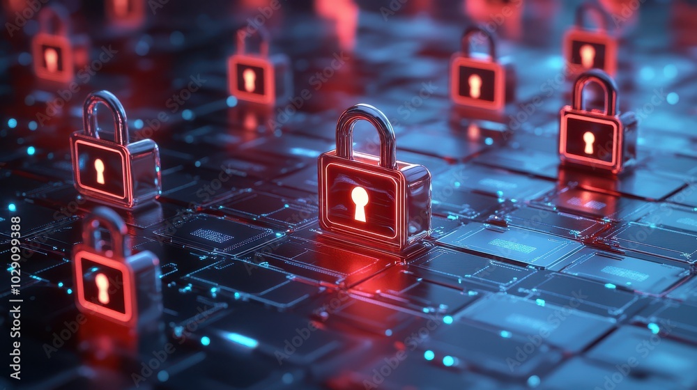 Poster Digital locks securing information on a futuristic data platform