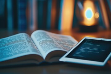 Digital Learning: Open Textbook with Tablet for Modern Education and Study Enhancement